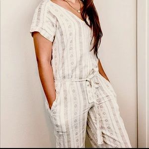 Monteau Linen Wide Leg Jumpsuit Cropped Belt Cream Striped Romper